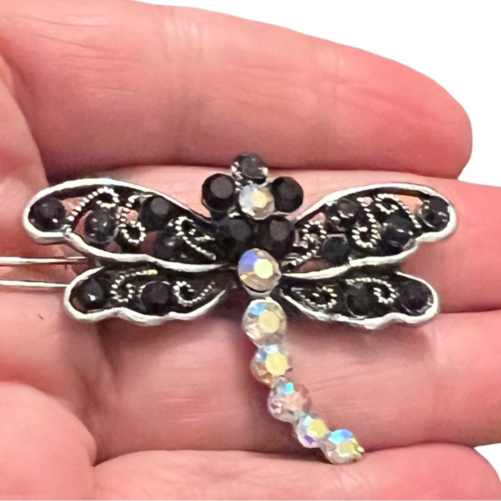 Elegant Black Crystal Rhinestone and Silver Dragonfly Hair Clip